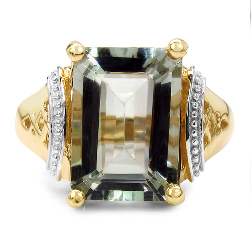 14K Yellow Gold Plated 7.16 Carat Genuine Green Amethyst .925 Sterling Silver Ring
