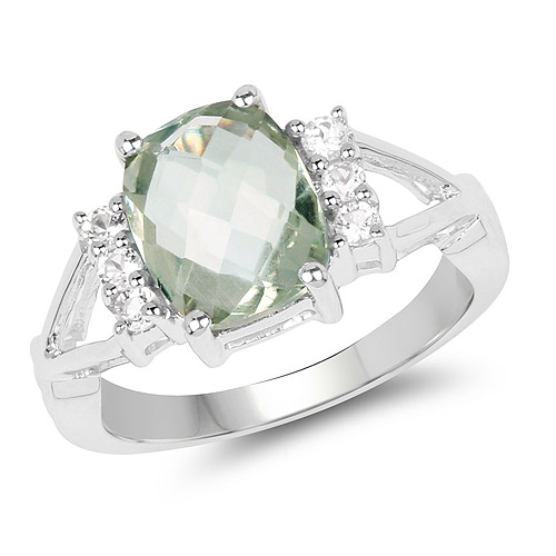 Amethyst-2.68 Carat Genuine Green Amethyst and White Topaz .925 Sterling Silver Ring