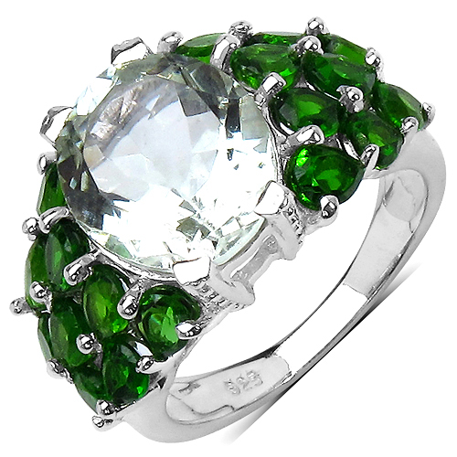 Amethyst-7.31 Carat Genuine Green Amethyst and Chrome Diopside .925 Sterling Silver Ring