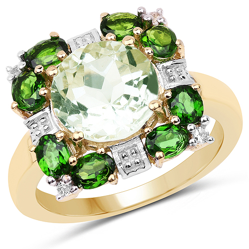 Amethyst-14K Yellow Gold Plated 5.36 Carat Genuine Green Amethyst, Chrome Diopside & White Topaz .925 Sterling Silver Ring