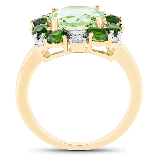 14K Yellow Gold Plated 5.36 Carat Genuine Green Amethyst, Chrome Diopside & White Topaz .925 Sterling Silver Ring