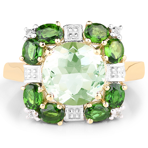 14K Yellow Gold Plated 5.36 Carat Genuine Green Amethyst, Chrome Diopside & White Topaz .925 Sterling Silver Ring