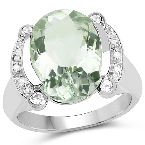 Amethyst-8.12 Carat Genuine Green Amethyst, White Topaz & White Diamond .925 Sterling Silver Ring