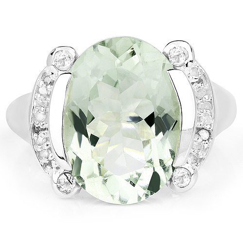 8.12 Carat Genuine Green Amethyst, White Topaz & White Diamond .925 Sterling Silver Ring