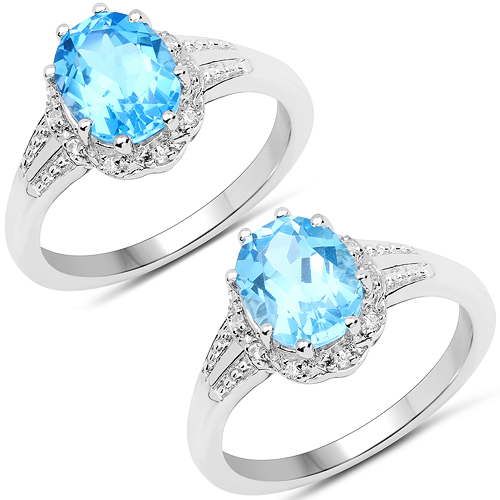 Rings-2.07 Carat Genuine Swiss Blue Topaz and White Zircon .925 Sterling Silver Ring