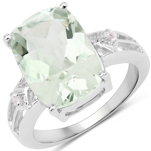 Amethyst-5.36 Carat Genuine Green Amethyst and White Topaz .925 Sterling Silver Ring