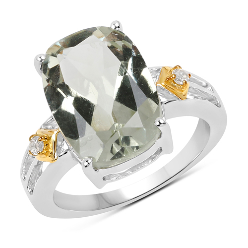 Amethyst-Two Tone Plated 5.06 Carat Genuine Green Amethyst & White Topaz .925 Sterling Silver Ring