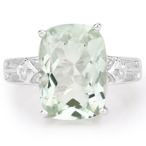 5.36 Carat Genuine Green Amethyst and White Topaz .925 Sterling Silver Ring