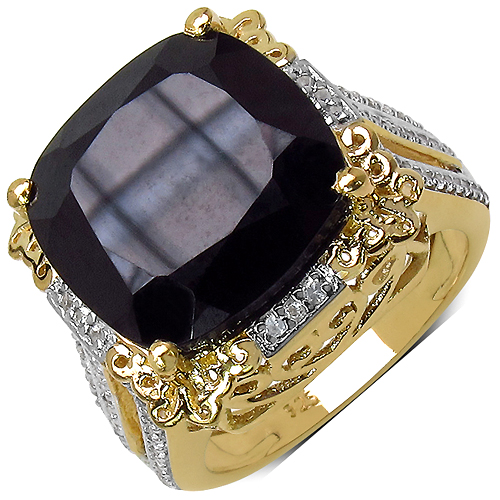 14K Yellow Gold Plated 13.76 Carat Genuine Black Spinel & White Topaz .925 Sterling Silver Ring