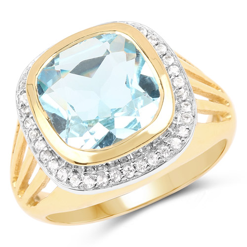 Rings-14K Yellow Gold Plated 4.64 Carat Genuine Blue Topaz and White Topaz .925 Sterling Silver Ring