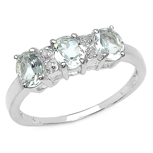 Rings-0.95 Carat Genuine Aquamarine & White Diamond .925 Sterling Silver Ring