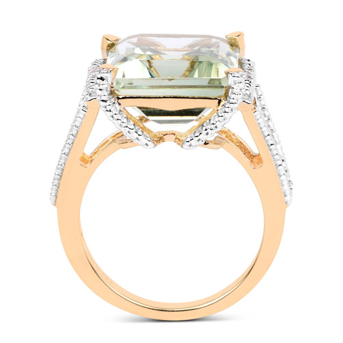 14K Yellow Gold Plated 9.06 Carat Genuine Green Amethyst and White Topaz .925 Sterling Silver Ring