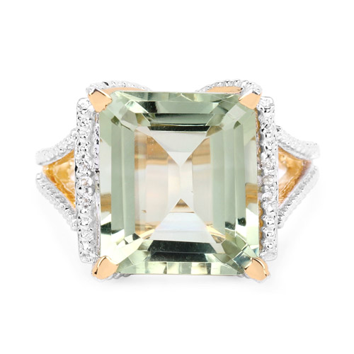 14K Yellow Gold Plated 9.06 Carat Genuine Green Amethyst and White Topaz .925 Sterling Silver Ring