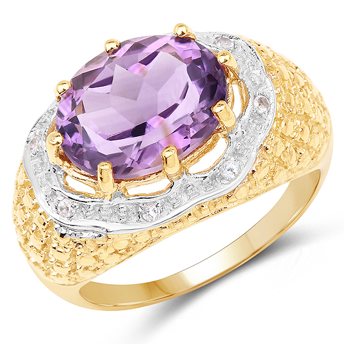 Amethyst-14K Yellow Gold Plated 3.92 Carat Genuine Amethyst and White Topaz .925 Sterling Silver Ring