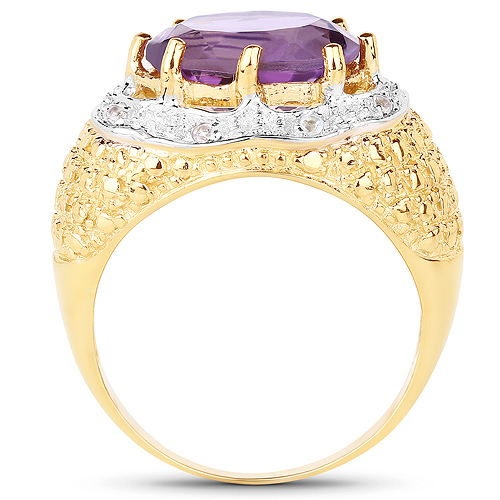 14K Yellow Gold Plated 3.92 Carat Genuine Amethyst and White Topaz .925 Sterling Silver Ring