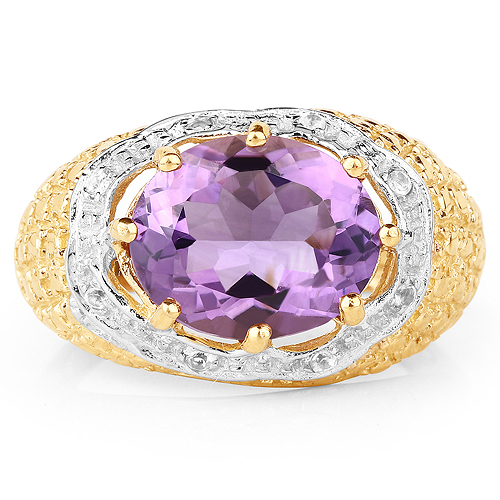 14K Yellow Gold Plated 3.92 Carat Genuine Amethyst and White Topaz .925 Sterling Silver Ring