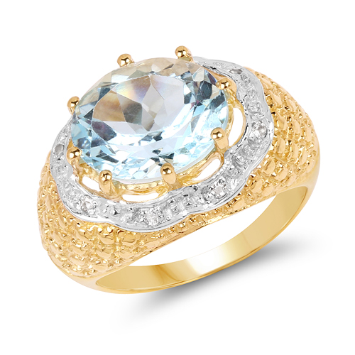 Rings-14K Yellow Gold Plated 5.27 Carat Genuine Blue Topaz & White Topaz .925 Sterling Silver Ring