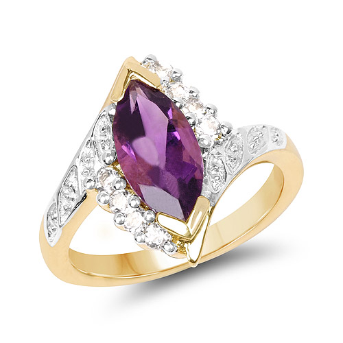 Amethyst-14K Yellow Gold Plated 1.77 Carat Genuine Amethyst and White Topaz .925 Sterling Silver Ring