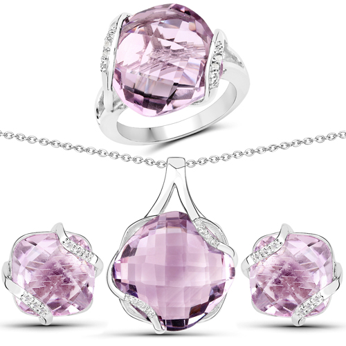 Jewelry Sets-31.22 Carat Genuine Pink Amethyst and White Topaz .925 Sterling Silver 3 Piece Jewelry Set (Ring, Earrings, and Pendant w/ Chain)