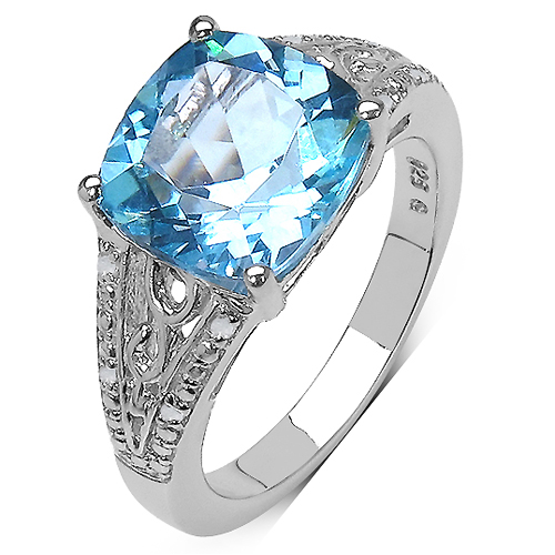 5.05 Carat Genuine Blue Topaz and 0.05 ct.t.w Genuine Diamond Accents Sterling Silver Ring