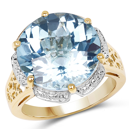 Rings-14K Yellow Gold Plated 14.15 Carat Genuine Blue Topaz .925 Sterling Silver Ring
