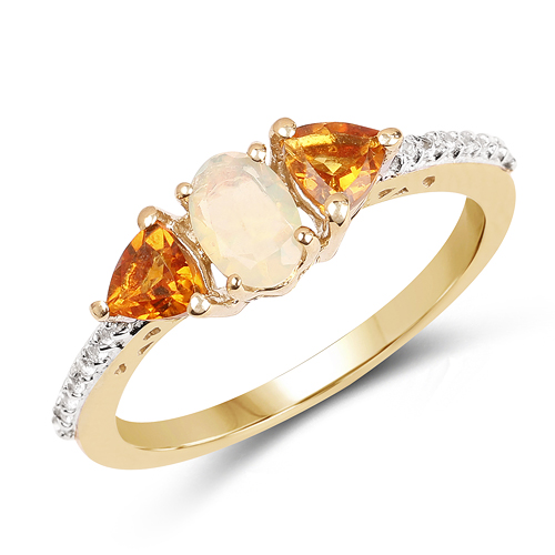 Opal-14K Yellow Gold Plated 0.81 Carat Genuine Ethiopian Opal, Citrine & White Topaz .925 Sterling Silver Ring