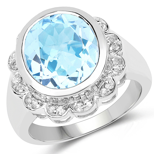 Rings-5.39 Carat Genuine Blue Topaz and White Topaz .925 Sterling Silver Ring