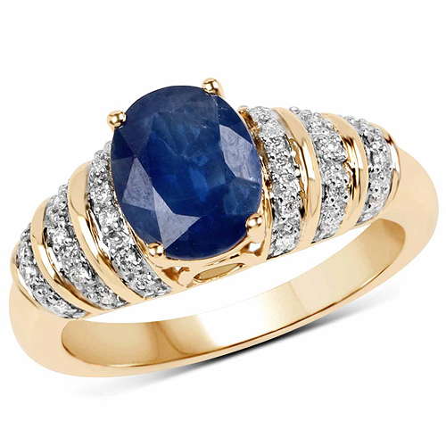 Sapphire-2.11 Carat Genuine Blue Sapphire and White Diamond 14K Yellow Gold Ring