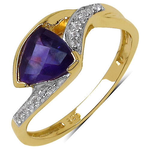 14K Yellow Gold Plated 0.92 Carat Genuine Amethyst & White Topaz .925 Sterling Silver Ring