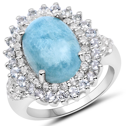 Rings-8.08 Carat Genuine Aquamarine and White Topaz .925 Sterling Silver Ring