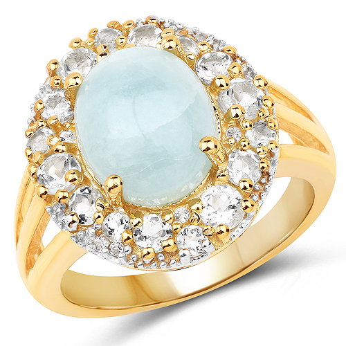 Rings-14K Yellow Gold Plated 6.72 Carat Genuine Aquamarine and White Topaz .925 Sterling Silver Ring