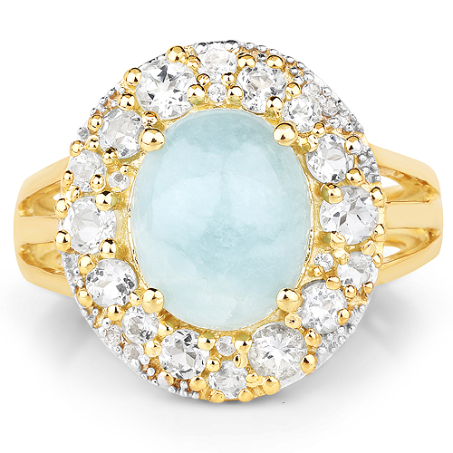 14K Yellow Gold Plated 6.72 Carat Genuine Aquamarine and White Topaz .925 Sterling Silver Ring