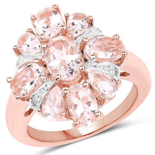 Rings-14K Rose Gold Plated 3.28 Carat Genuine Morganite and White Topaz .925 Sterling Silver Ring