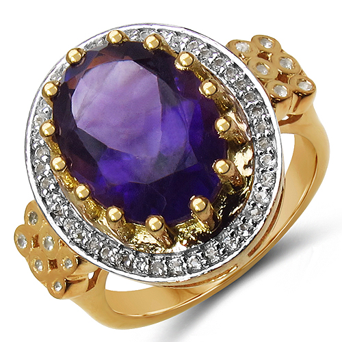 14K Yellow Gold Plated 5.17 Carat Genuine Amethyst & White Topaz .925 Sterling Silver Ring