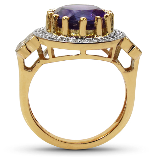 14K Yellow Gold Plated 5.17 Carat Genuine Amethyst & White Topaz .925 Sterling Silver Ring