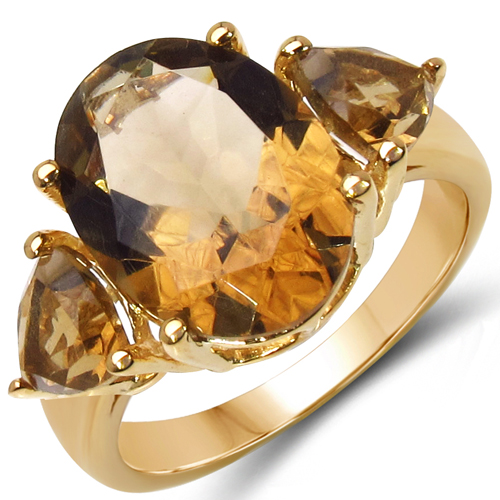Rings-14K Yellow Gold Plated 6.86 Carat Genuine Champagne Quartz & Citrine .925 Sterling Silver Ring