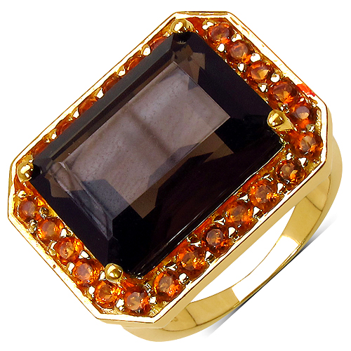 Rings-14K Yellow Gold Plated 11.66 Carat Genuine Smoky Quartz .925 Sterling Silver Ring
