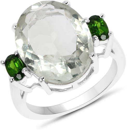Amethyst-8.34 Carat Genuine Green Amethyst and Chrome Diopside .925 Sterling Silver Ring