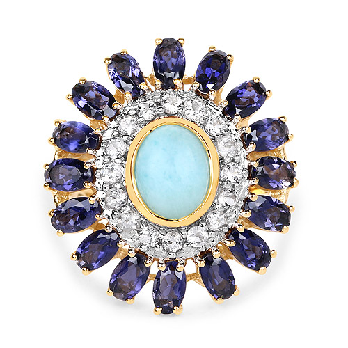 14K Yellow Gold Plated 6.48 Carat Genuine Larimar, Iolite and White Topaz .925 Sterling Silver Ring