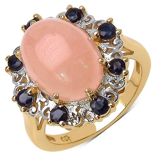 Rings-14K Yellow Gold Plated 8.37 Carat Genuine Morganite & Blue Sapphire .925 Sterling Silver Ring