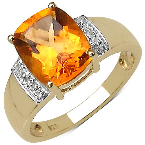 14K Yellow Gold Plated 2.66 Carat Genuine Citrine & White Diamond .925 Sterling Silver Ring