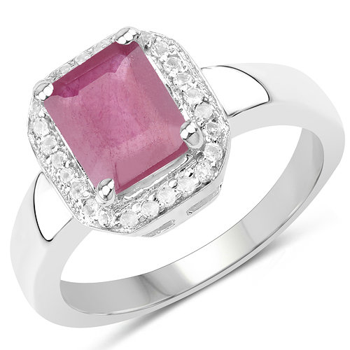 Ruby-1.98 Carat Genuine Glass Filled Ruby & White Topaz .925 Sterling Silver Ring