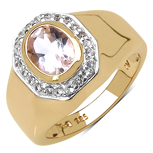 Rings-14K Yellow Gold Plated 1.42 Carat Genuine Morganite & White Topaz .925 Sterling Silver Ring