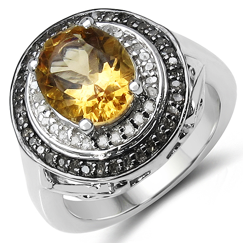 Citrine-2.92 Carat Genuine Golden Citrine, Champagne Diamond & White Diamond .925 Sterling Silver Ring