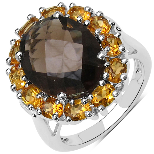 Rings-9.82 Carat Genuine Smoky Quartz and Citrine .925 Sterling Silver Ring