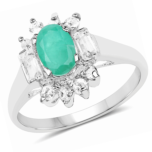 Emerald-1.23 Carat Genuine Emerald and White Topaz .925 Sterling Silver Ring
