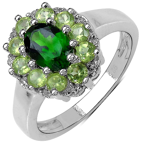 Rings-1.45 Carat Genuine Chrome Diopside, Peridot and White Topaz .925 Sterling Silver Ring