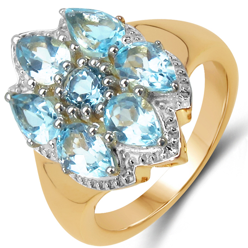 14K Yellow Gold Plated 3.66 Carat Genuine Blue Topaz .925 Sterling Silver Ring