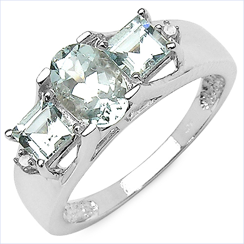 Rings-1.57 Carat Genuine Aquamarine & White Diamond .925 Sterling Silver Ring