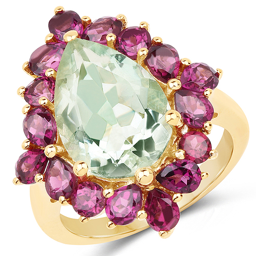 Amethyst-14K Yellow Gold Plated 7.21 Carat Genuine Green Amethyst and Rhodolite .925 Sterling Silver Ring